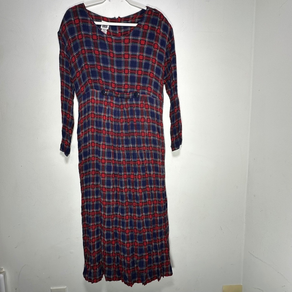 Take Nine Maternity Vintage Plaid Rayon Midi Dress‎ Long Sleeve Blue Red Large